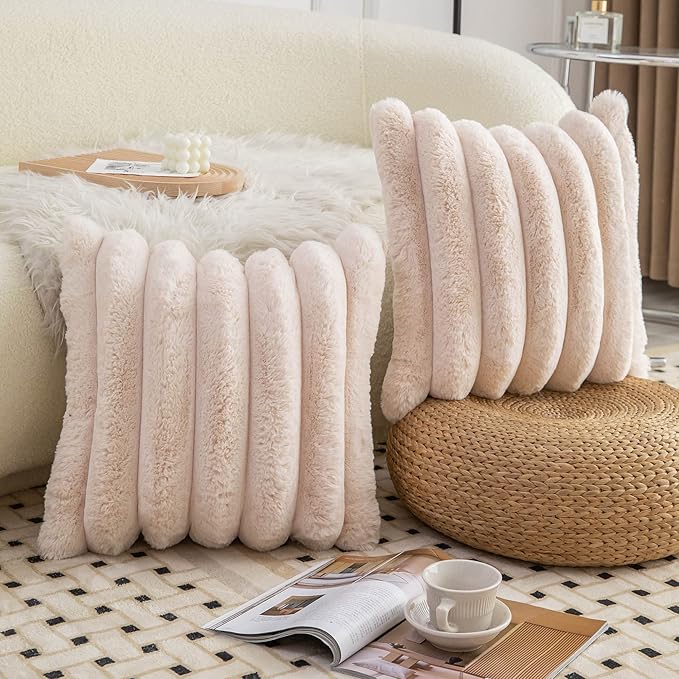 Neelvin Beige Faux Fur Cozy Soft Striped Decorative Throw Pillow Covers 22x22 inch Set of 2,Velvet Pillowcase Cushion Case for Sofa Couch