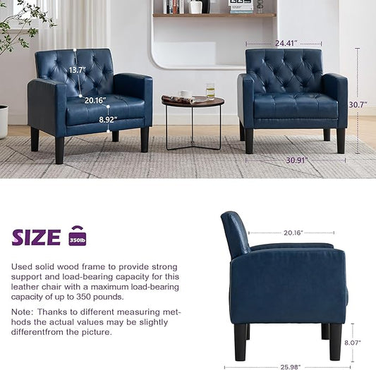 TYBOATLE Accent Chair Comfy Living Room Chair Leather Tufted Mid Century Modern Accent Chair, Small Cozy Reading Arm Chair for Office, Bedroom (1, Blue)