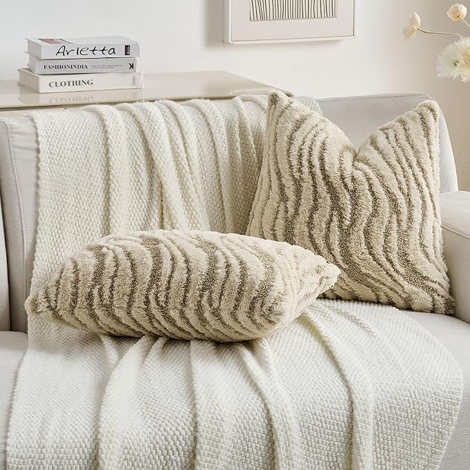 FUTEI Beige Decorative Throw Pillow Covers 18x18 Inch Set of 2,Soft Faux Fur Geometric Shapes Texture Cushion Case,Boho Home Decor for Couch Bed Living Room