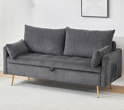 Furnimart 2-Seater Storage Loveseat for Small Spaces, 62“ Corduroy Couch with Removable Cushion Cover and Metal Leg for Bedroom, Apartment, Tiny Homes and Lofts, Gray