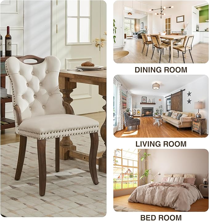 Velvet Dining Chairs Set of 2, Solid Wood Handles, Wooden Upholstered Dining Chair, Vintage Copper Nail Decoration, Mid Century Modern Kitchen Chair (Beige, Set of 2)