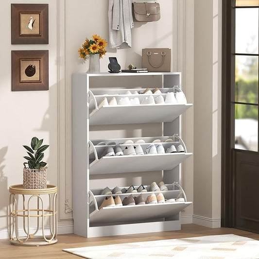 Shoe Storage Cabinet with 3 Flip Drawers, Slim Hidden Wood Shoe Cabinet Storage for Entryway, Freestanding Narrow Shoe Rack Organizer with Adjustable Shelves for Foyer, Hallway, White