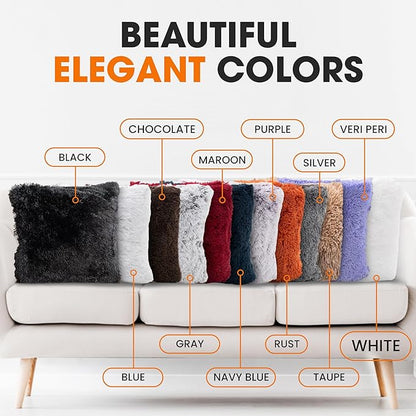 Cheer Collection Throw Pillows for Couch and Bed, Soft Shaggy Throw Pillows with Inserts Included, Cozy Long Hair Faux Fur Pillows - Set of 2-22" x 22" White