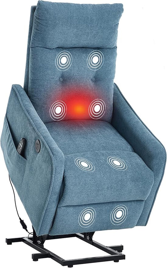 PELUMY Manual Lift Recliner Chair with Massage and Heat for Elderly, Single Motor Electric Lift Chair, Heavy Duty Recliner with USB Charging & Side Pockets (Chenille, Blue)
