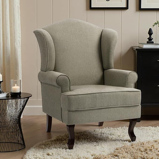 Pia Ricco High Back Floral Accent Chair, Upholstered Fabric Armchair with Solid Wood Legs - Retro Living Room Reading Chair, Comfortable Single Sofa Seat-Moss Grey