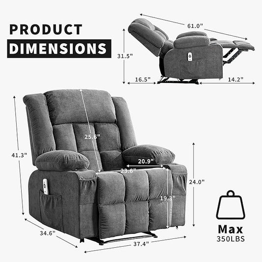 Large Recliner Chair, Manual Reclining Sofa with Massage and Heat, Comfy Sofa Chair with 3 Positions, 2 Side Pockets, 2 Front Pockets and 2 Cup Holder