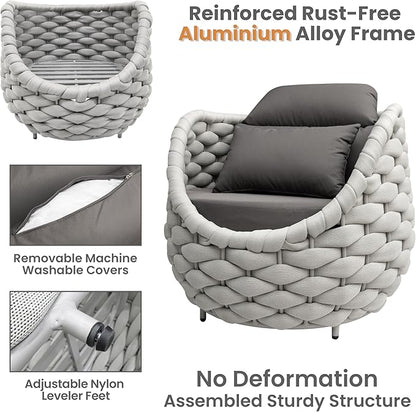 Cushioned Outdoor Patio Furniture Set: 6 Pieces Aluminum Porch Conversation Sofa Set - Modern Hand Woven Rope Deck Couch Set - No Assembly All Weather for 661lbs Yard Garden Poolside Hotel, Gray