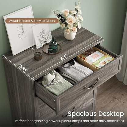 DICTAC Farmhouse 6 Drawers Dresser for Bedroom, 48.2" Tall Dressers Chest of Drawer, Large Storage Closet Organizer with Natural Texture and Vintage Metal Handle, Wooden Vertical Dresser for Hallway