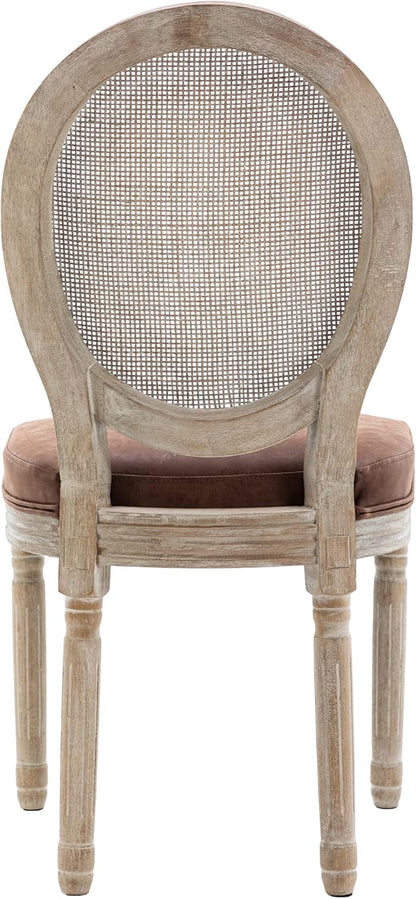 Farmhouse Leather Dining Room Chairs Set of 4 French Dining Chairs with Round Rattan Back French Bistro Chairs for Dining Room/Living Room/Kitchen/Restaurant, Brown