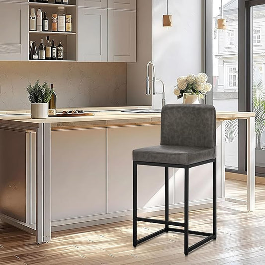 ALPHA HOME 24 Inch Bar Stools, Kitchen Counter Stools with Backs, PU Leather Barstools, Kitchen Stools with Back&Upholstered Footrest, Sturdy Chromed Metal Steel Frame, Grey