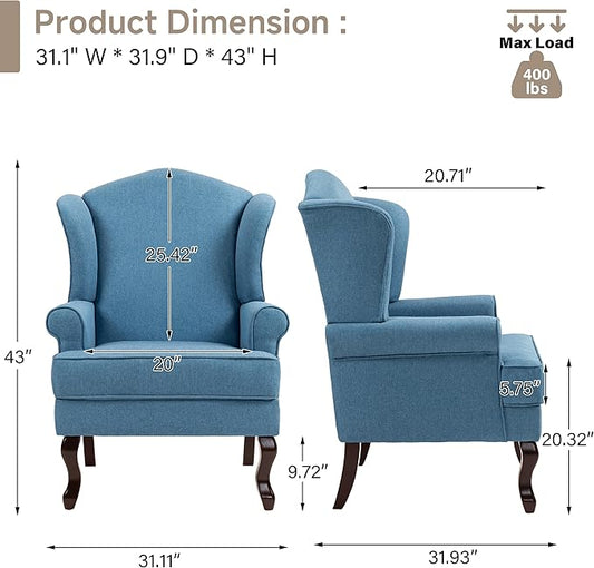 Pia Ricco Set of 2 High Back Accent Chairs: Upholstered Fabric Armchairs with Solid Wood Legs - Retro Living Room Pair, Comfy Reading Sofa Seats-Ocean Blue