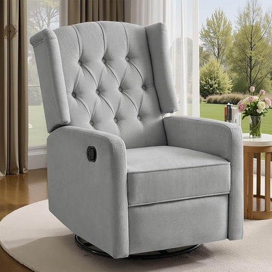 ABAKAN Swivel Rocker Recliner Chair, 360 Degree Nursery Rocking Recliner, Linen Glider Chair with Button Tufted Wingback Chair, for Living Room, Bedroom, Gray