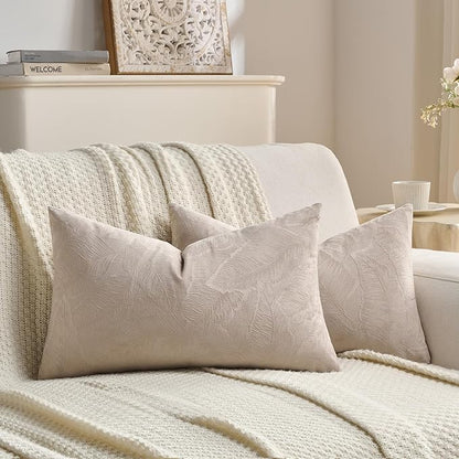 FUTEI Oatmeal Velvet Throw Pillow Covers 12x20 Inch Set of 2,Soft Embossed Leaf-Relief Textured Lumbar Pillow Cases,Natural Home Decor for Couch Living Room