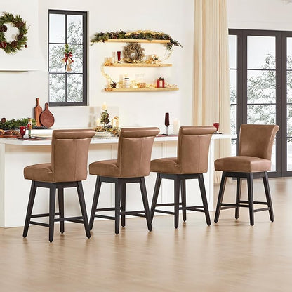 CHITA 26 Inch Counter Height Swivel Bar Stools Set of 2, FSC Certified Modern Upholstered Faux Leather Swivel Barstool Chair with Back, Saddle Brown