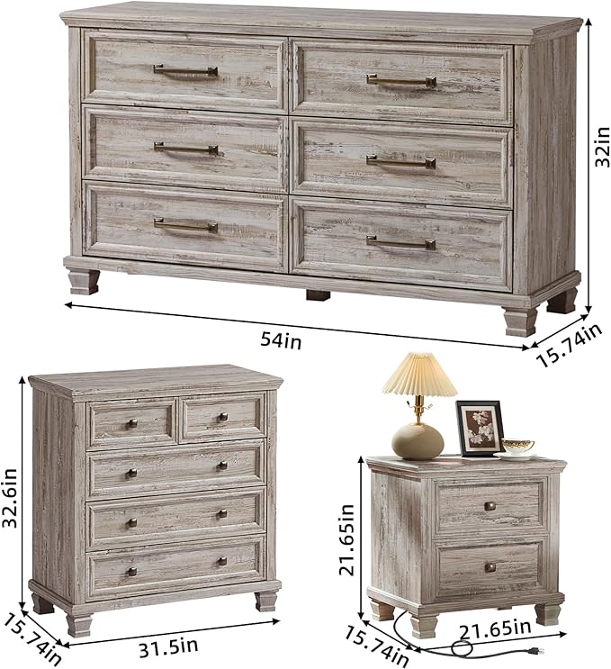 Farmhouse Bedroom Dresser and Nightstand Set of 4, 6 Drawer Low & 5 Drawers Dresser & 2 Drawer Nightstand Set, Rustic Wood Bedroom Furniture Set for Livingroom, Hallway, Grey