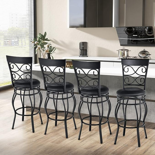 COSTWAY Bar Stools Set of 4, 360 Degree Swivel, 30" Bar Height Bar stools, with Leather Padded Seat Bistro Metal Vintage Chairs with Back for Kitchen Island, Pub (Set of 4)