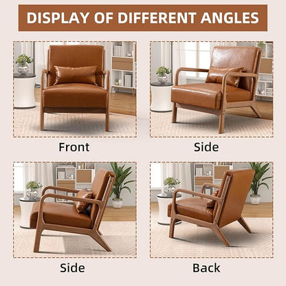 Accent Chair Mid Century Modern Chair PU Leather Living Room Chairs with Solid Wood Frame Comfy Upholstered and Lumbar Pillow Reading Side Chair Easy Assembly for Living Room Set of 2, PU Brown