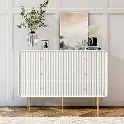 HLR White Dresser for Bedroom,48'' Wide Wood Chests of Drawers,Modern Fluted 6 Drawer Dresser with Gold Metal Handles,Clothes Deep Drawer Dressers Storage for Living Room,Hallway