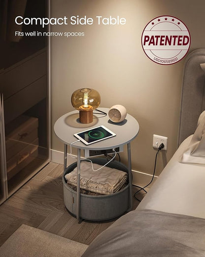 VASAGLE LILEA Collection - Side Table with Charging Station, Round End Table with Fabric Basket, Nightstand with USB Ports, for Living Room, Bedroom, Modern, Dove Gray and Slate Gray ULET228G01