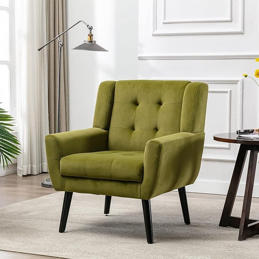 Dolonm Midcentury Modern Accent Chair with Arms, Upholstered Fabric Reading Side Chair Tufted Back Decorative Wingback Chair for Living Room Bedroom (Green)