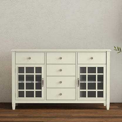 SIMPLIHOME Connaught Buffet - 60 inch Wide Solid Wood 3-Door Sideboard Buffet in Antique White, Traditional Storage Cabinet for Dining Room or Kitchen with Adjustable Shelves and Classic Molding