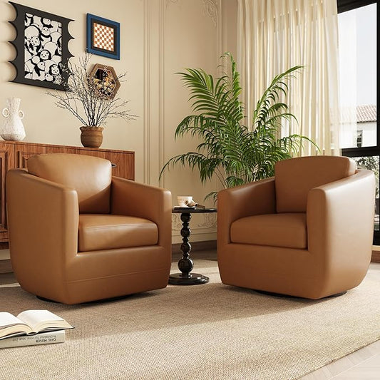 COLAMY 360° Swivel Accent Chair Set of 2 with Pillow, Leather Living Room Armchair No-Sag Foam & Sturdy Metal Base, Fully Assembled Swivel Single Sofa for Bedroom Living Room, Reading Room, Brown