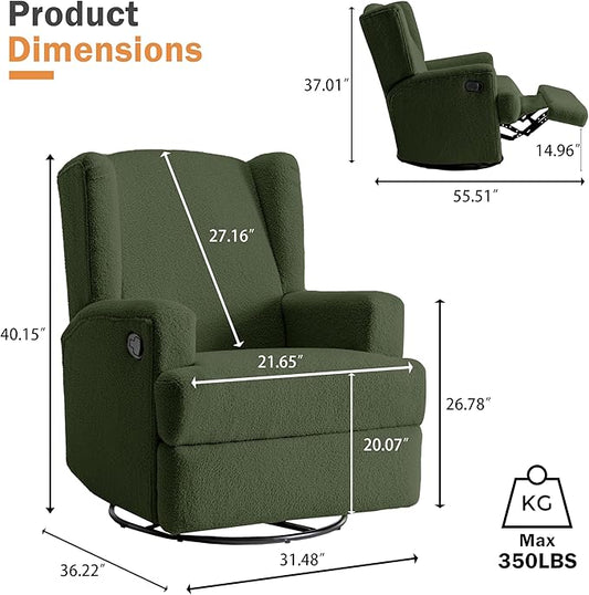 Boucle Swivel Glider Recliner Chairs Set of 2 for Adults - Plush High Back Rockers with Deep Seat, Coordinating Manual Recliners for Living Room, Luxury Upholstered Armchairs-Green