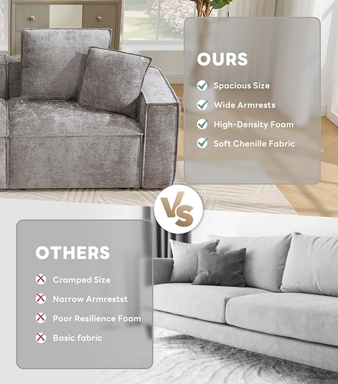 WILLOVE Modular Sectional Sofa Set, Chenille Cloud Couch with Wide Armrests & 8 Pillows, Deep Seat Couches for Living Room, 6-Seater Grey