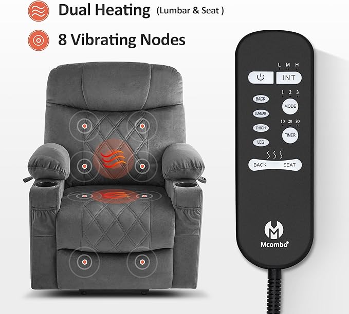 MCombo Small Size Triple Motor Power Lift Recliner Chair Sofa with Massage and Dual Heating, Adjustable Headrest for Elderly People Petite, USB Ports, Extended Footrest, Fabric 7222 (Dark Grey)