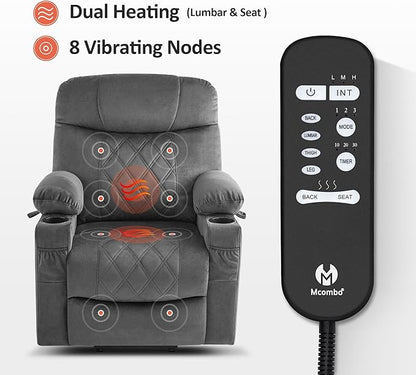 MCombo Small Size Triple Motor Power Lift Recliner Chair Sofa with Massage and Dual Heating, Adjustable Headrest for Elderly People Petite, USB Ports, Extended Footrest, Fabric 7222 (Dark Grey)