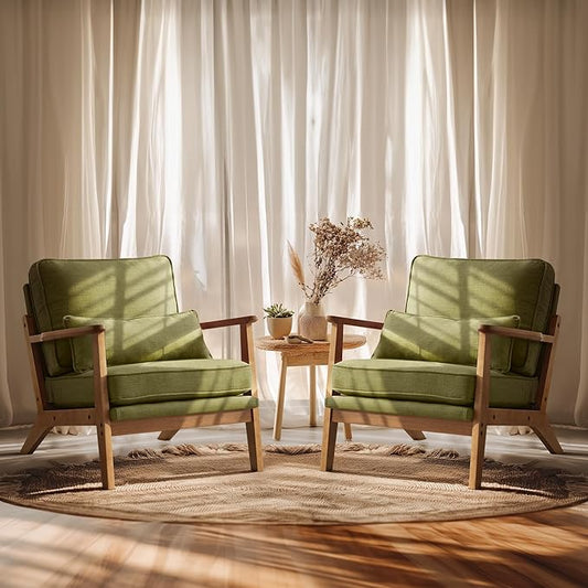 VINGLI Solid Wood Wide Armrests Accent Chair Set of 2,Upholstered Mid Century Modern Chair with Pillow,Farmhouse Arm Chair Comfy Reading Chair,Chairs Living Room,Bedroom,Guest Room,Linen Fabric,Green