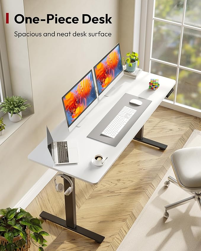 SANODESK Electric Standing Desk 60 x 24 Inches Whole-Piece Desktop Height Adjustable Stand Up Desk w/6-Button Controller Ergonomic Computer Desk for Home Office, Black Frame + White Tabletop