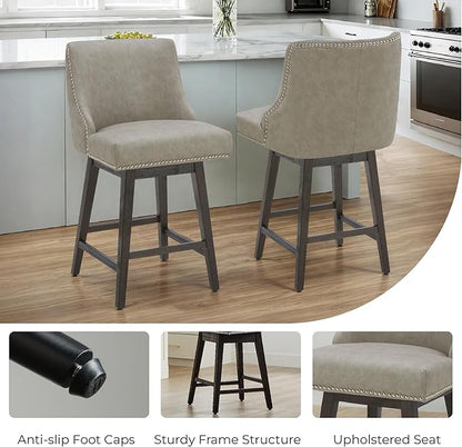 CHITA Counter Height Swivel Bar Stools Set of 2, FSC Certified Upholstered Counter Stools, Modern Swivel Barstools with Wood Legs for Kitchen Island, 26" Seat Height, Faux Leather in Stone Grey
