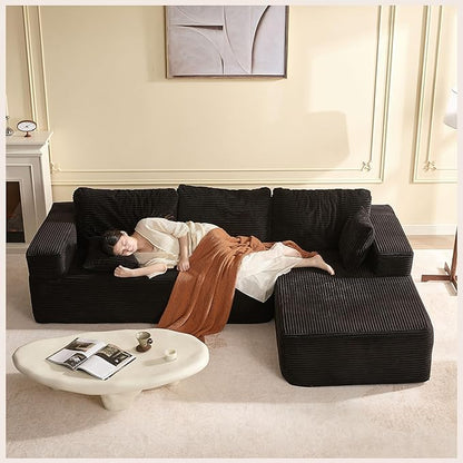 107" Boneless Couch with Deep Seat, Modular Sectional Sofa, Cloud Sectional Couch for Living Room, No Assembly Required, Corduroy, L-Shape Right，Black