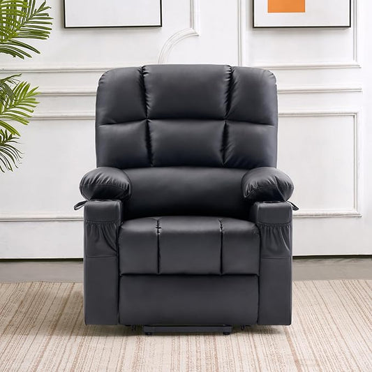 MCombo Medium Lay Flat Dual Motor Power Lift Recliner Chair Sofa with Massage and Heat for Elderly People, Infinite Position, Faux Leather 7679 (Black, Medium)