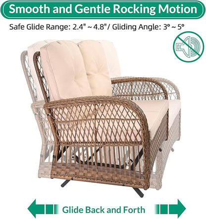 VIVIJASON 7-Piece Outdoor Patio Wicker Conversation Sets, All Weather Outdoor Rattan Furniture Set Includes Glider Loveseat, 2 Glider Rocker Chairs, 2 Swivel-Gliders Chairs, 2 Coffee Table Light Brown