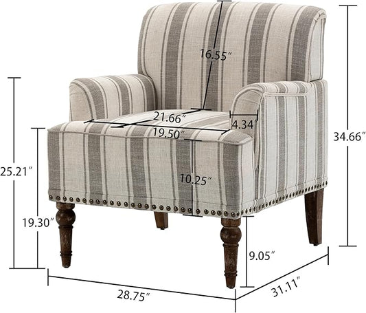 UIXE Stripe Accent Chairs Set of 2, Living Room Arm Chair Modern Nailhead Trim Club Armchair, Comfy Upholstered Sofa Lounge Seat Reading Seat Bedroom Side Seating for Home Office, Gray