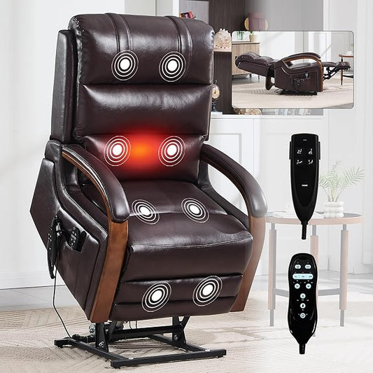 Dual Motor Recliner Lift Chair with Heat and Massage, Heavy Duty Leather Power Lift Recliner Chair Idea Gifts for Seniors, Stand Assistance, Dark Brown