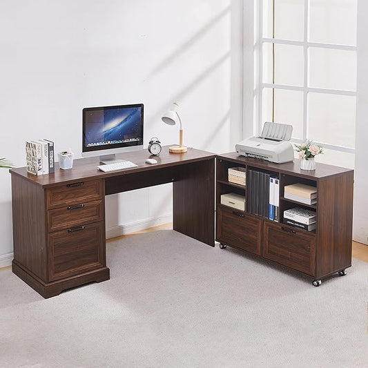 60" L-Shaped Executive Desk with 40" File Cabinet,Farmhouse Home Office Desk with Charging Station,Wood Computer Desk Set for Office Work,Home Study (Brown)