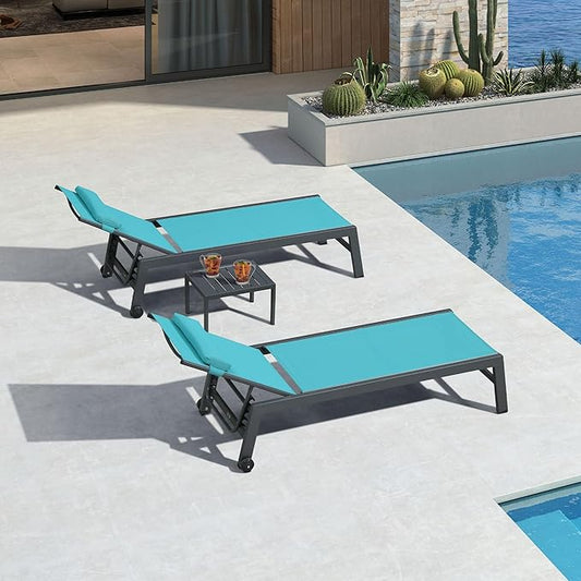 PURPLE LEAF Outdoor Lounge Chair Set of 3 Patio Chaise Pool Lounger Aluminum Frame with Side Table and Wheels for Outside Sunbathing Tanning Recliner Including Pillows Turquoise Blue