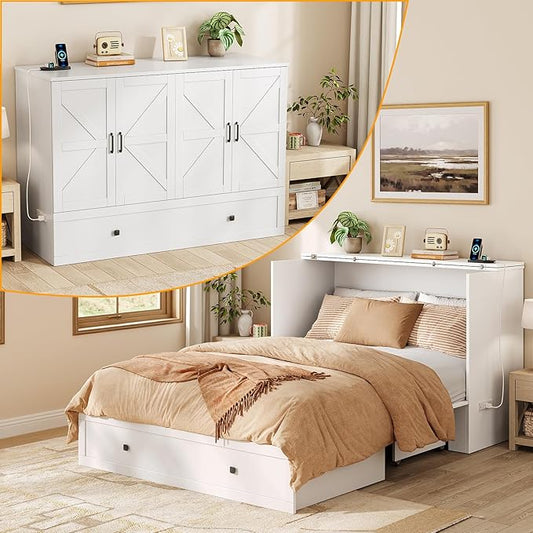 Murphy Bed Queen with Storage & Charging Station, Murphy Cabinet with Foldable Panel, Noisy Free, for Guest Bedroom, Living Room, Office, Distressed White