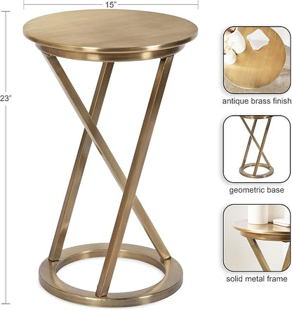 Kate and Laurel Aja Modern Metal Round Side Table; 15 x 15 x 23; Antique Brass; Decorative Geometric Nightstand with Circular Tabletop and Unique Slanted Legs