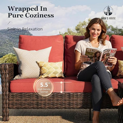HERA'S HOUSE Red Outdoor Furniture Set with 35" High Back Swivel Chairs, Wicker Patio Conversation Sets with 5.5" Waterproof Cushions for Deck Lawn Yard