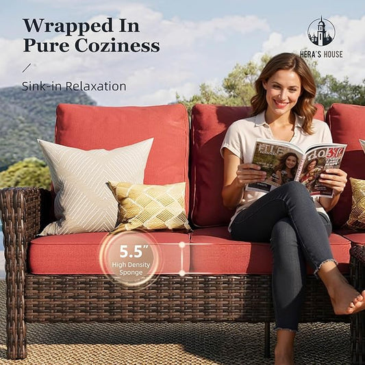 HERA'S HOUSE High Back Swivel Patio Furniture Set with 5.5" Thick Cushions, 5-Piece Oversized Outdoor Wicker Sectional Conversation Set with Ottomans for Garden Yard Porch, Red