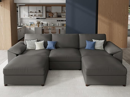 EASE MOOSE Oversized Modular Sofa with Deep Seat,Leather Sectional U Shaped Couch for Living Room,Comfy Scratch Resistant Faux Leather Material,Modern Sofas with Ottoman,Grey