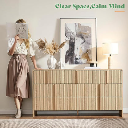 AMERLIFE 63" Fluted 7 Drawer Dresser, Long Modern Chest of Storage Drawers with Pine Handles, Rounded Corners & Anti-Tip Design, Wood Closet Organizer for Bedroom, Living Room, Nursery, Natural Oak