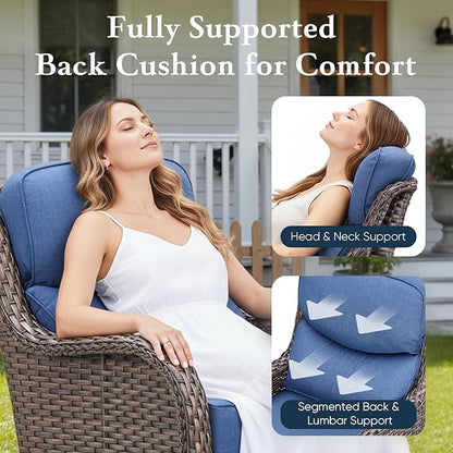 Belord Luxury 6" Thick Cushioned 8 Pieces Patio Furniture Set with Outdoor Couch, Wicker Outdoor Conversation Set with High Back Swivel Rocker Chairs for Deck Porch Yard and Poolside - Brown+Blue