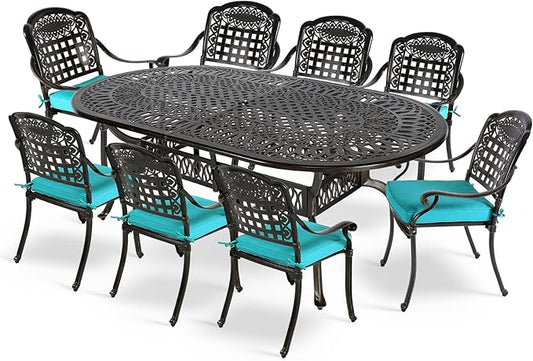 MEETWARM 9-Piece Outdoor Furniture Dining Set, All Weather Cast Aluminum Patio Garden Set with 8 Chairs, 8 Cushions, 1 Oval Table, 2" Umbrella Hole, Dark Bronze, Ocean Blue