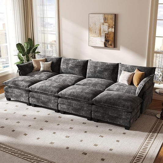 KKL 120" Huge Modular Sectional Sofa Bed, 8 Seater Convertible J/L/U-Shaped Sleeper Cloud Couch with Ottoman, Chenille Sectional Couches for Living Room, Apartment, Grey