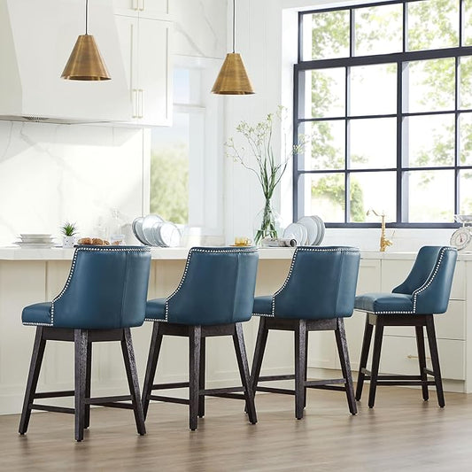 CHITA Counter Height Swivel Bar Stools Set of 4, FSC Certified Upholstered Counter Stools, Modern Swivel Barstools with Wood Legs for Kitchen Island, 26" Seat Height, Faux Leather in Blue
